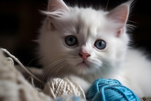 A white cat with blue eyes sits in a pile of yarn.