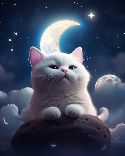 A white cat with blue eyes sits on a rock with a crescent moon in the background.