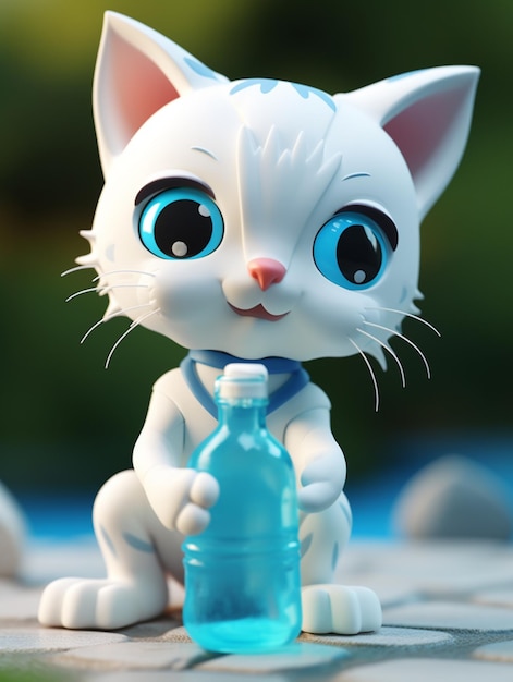 A white cat with blue eyes sits on a stone and holds a bottle of water.