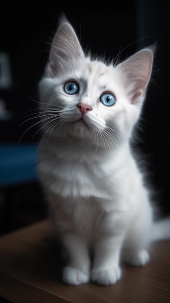 A white cat with blue eyes sits on a table.