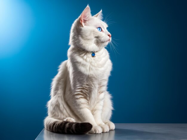 White cat with blue eyes sits on table