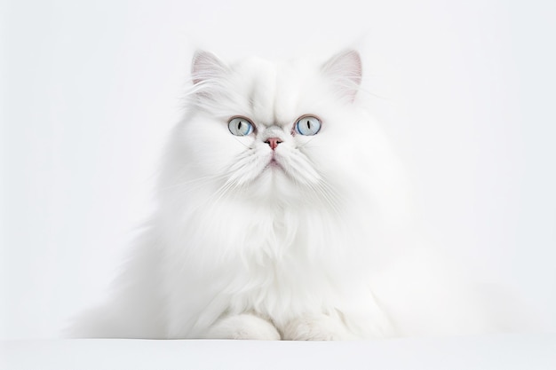 A white cat with blue eyes sits on a white surface.