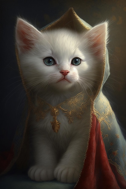 White cat with blue eyes sitting under a blanket generative ai