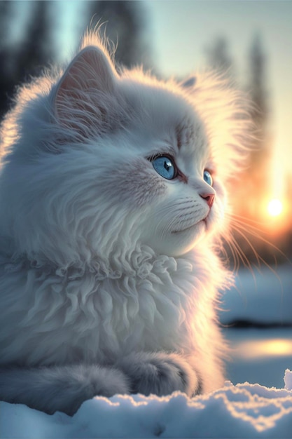 White cat with blue eyes sitting in the snow generative ai