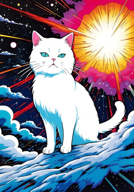 a white cat with a blue eyes stands in a space with a star in the background