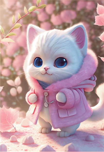 Photo white cat with blue eyes wearing a pink coat generative ai