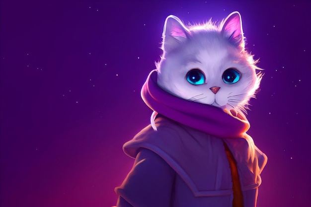 White cat with blue eyes wearing a purple scarf generative ai