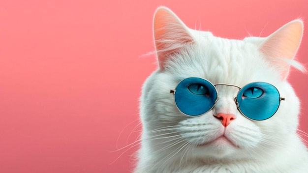 A white cat with blue glasses on