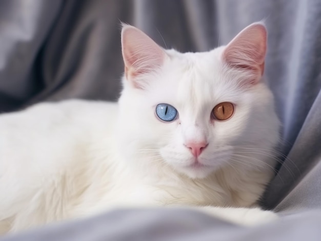 A white cat with a blue and orange eye.