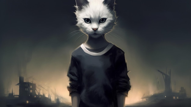 a white cat with a blue shirt and a black sweater with a white collar.