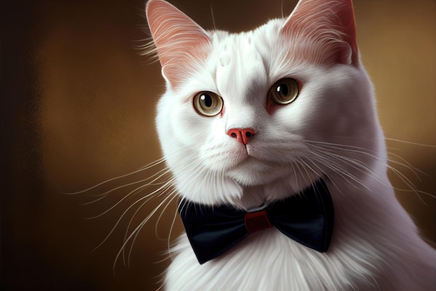 A white cat with a bow tie is wearing a red and black bow tie.