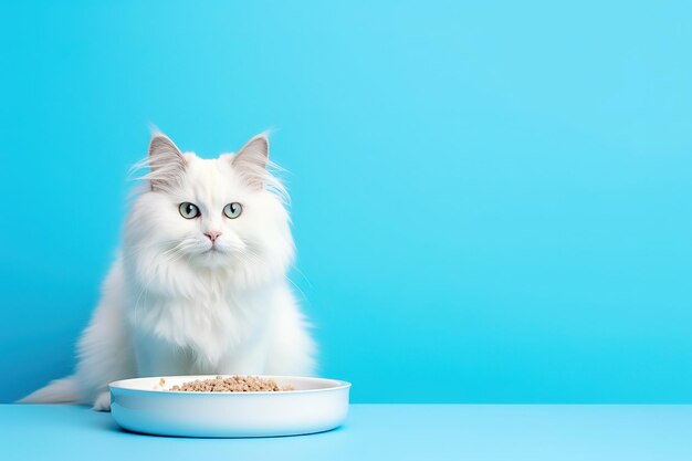 White cat with a bowl of cat food on a blue background Studio photography