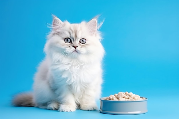 White cat with a bowl of cat food on a blue background Studio photography