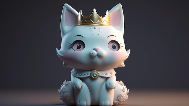 A white cat with a crown sits on a table.