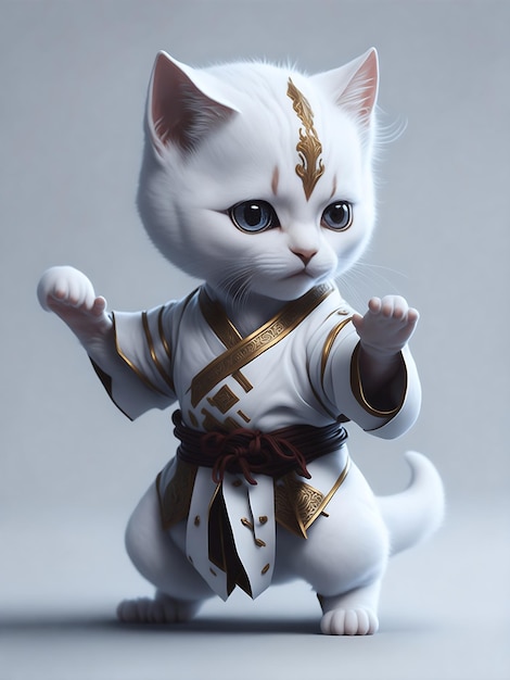 A white cat with a gold belt and a gold belt.