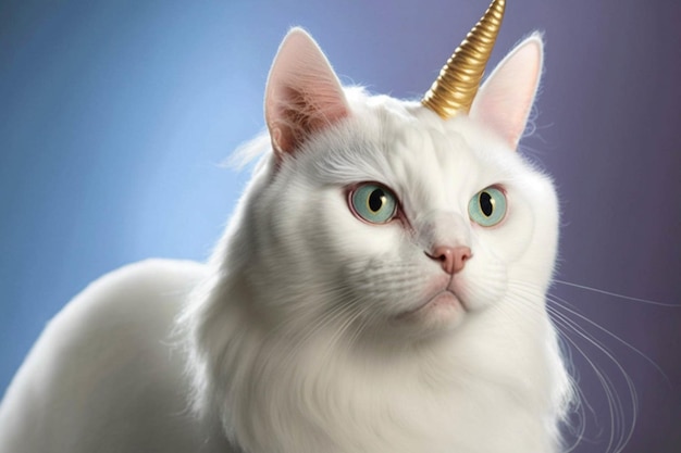 White cat with a gold horn on its head generative ai