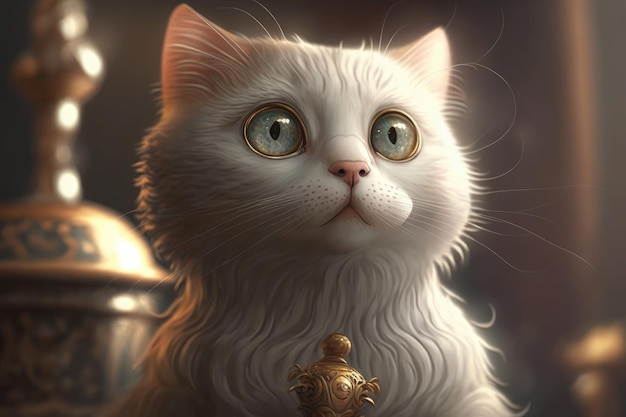 A white cat with a golden bell on its neck