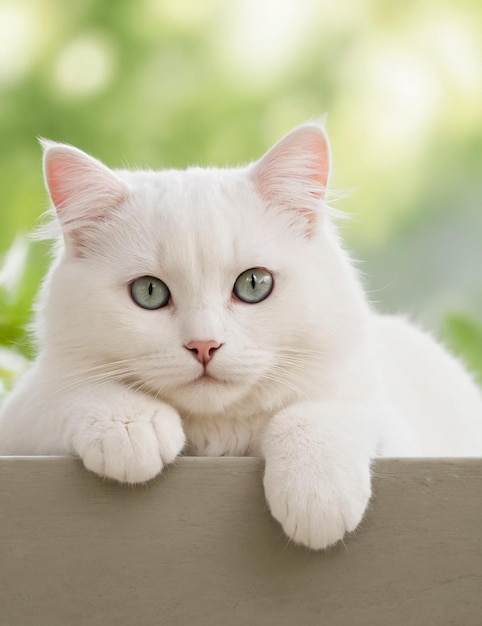 a white cat with green eyes is looking over a fence