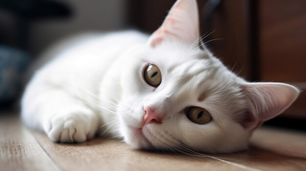 A white cat with green eyes lies on a floor.