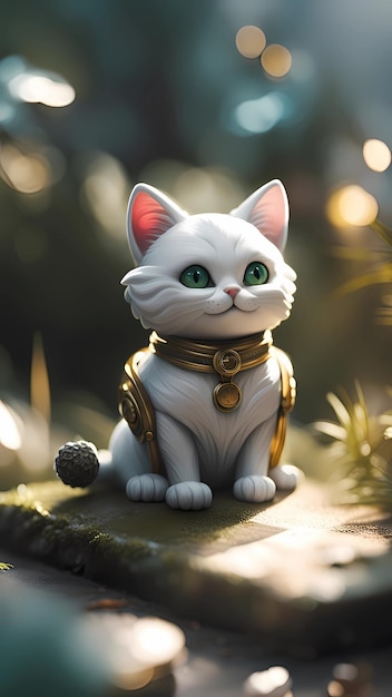 a white cat with green eyes sits on a branch.