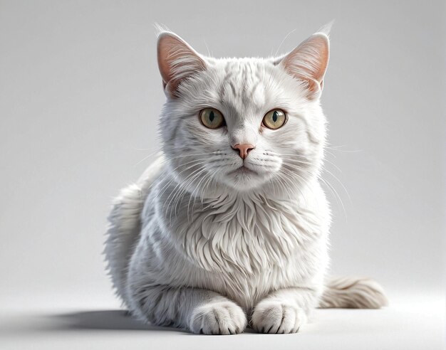 a white cat with green eyes sitting on a white surface