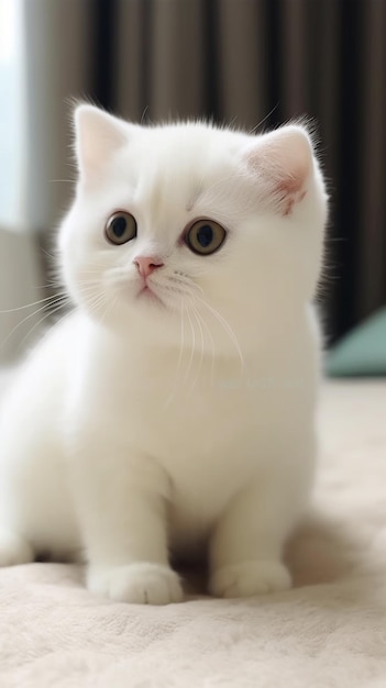 A white cat with a green nose sits on a carpet.