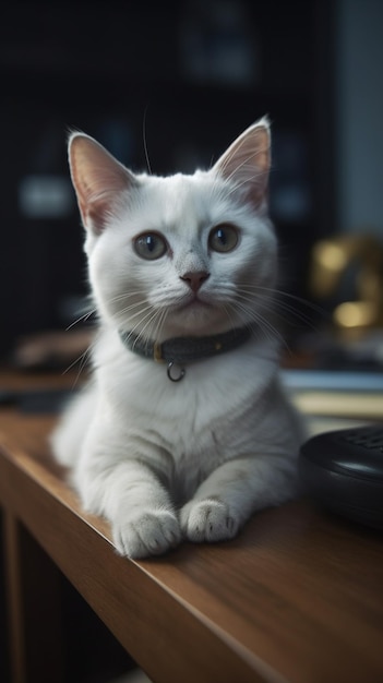 灰色の首輪をした白猫が黒いキーボードの隣の机に座っています。