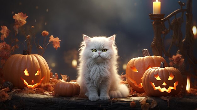 A white cat with long fur and yellow eyes poses with a pumpkin has been carved for Halloween Th