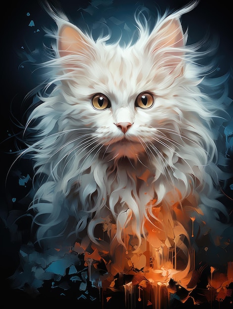 a white cat with long hair and a bright orange background.