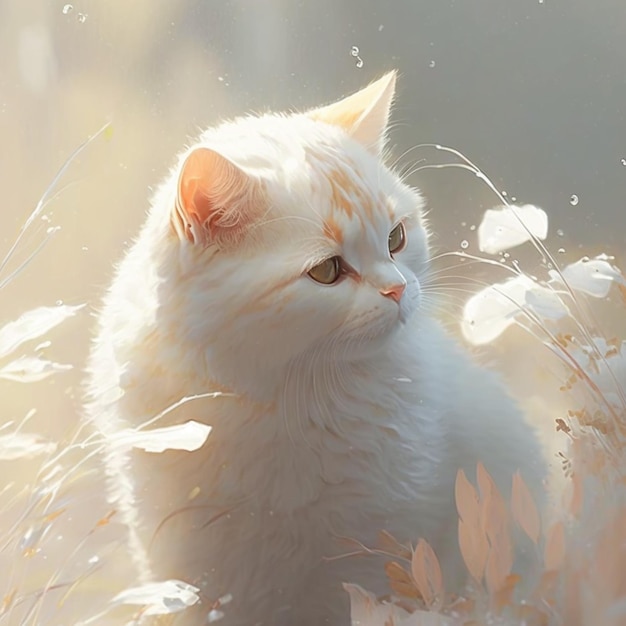 A white cat with orange markings sits in a field of flowers