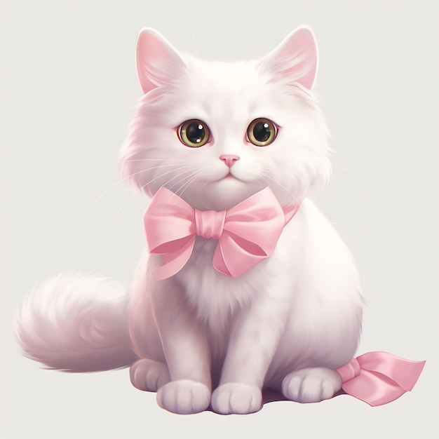 a white cat with a pink bow and a pink bow