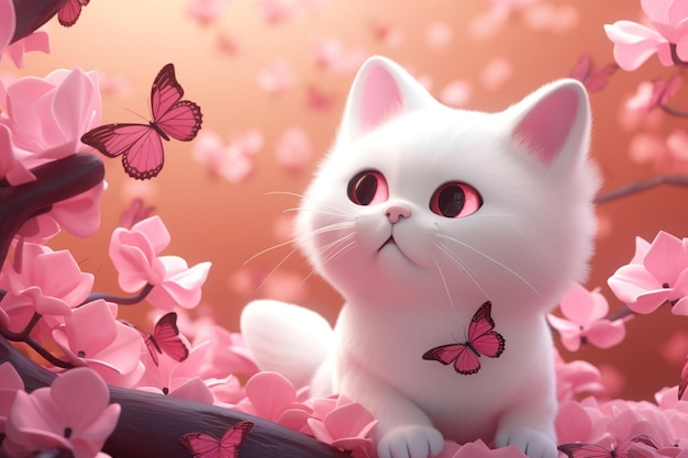 White cat with pink eyes and pink flowers on the bottom