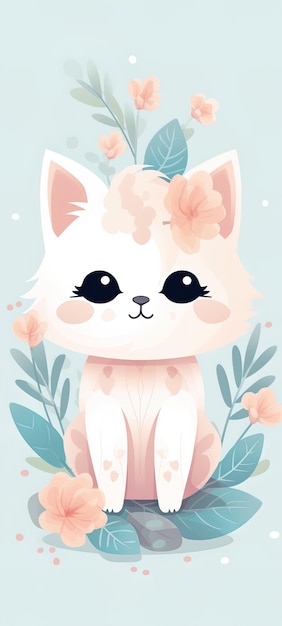 Photo a white cat with pink flowers on her head is standing in front of a blue background with a pink flower
