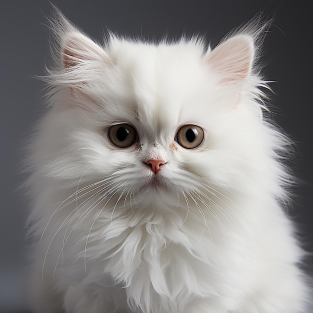 a white cat with a pink nose and a brown eye and a white nose.