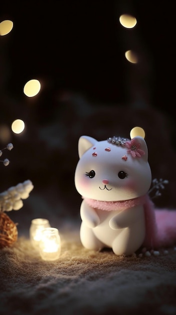 A white cat with a pink scarf and a pink bow sits in front of a candlelight.