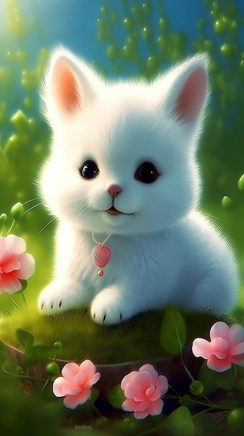 A white cat with a pink tag on its collar sits on a green flower field
