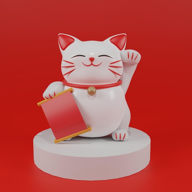 A white cat with a red collar is holding a red flag.