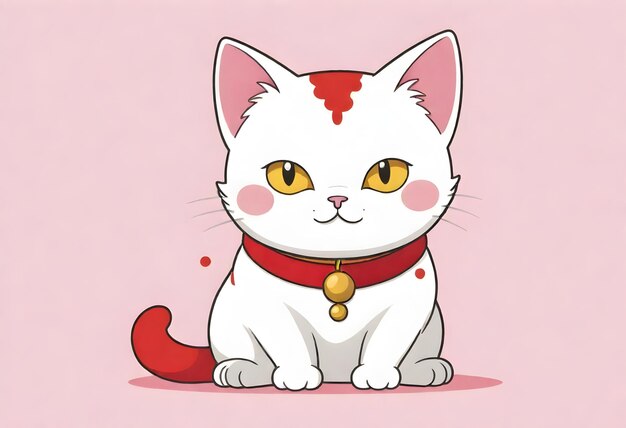 a white cat with a red collar and a tag that says quot hello kitty quot