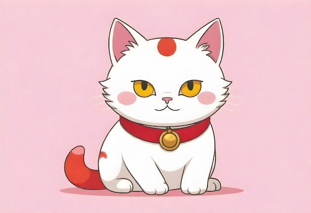 a white cat with a red collar and a tag that says quot hello kitty quot