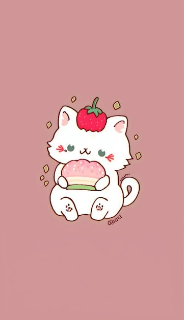 Photo a white cat with a strawberry on its head sitting on a pink background generative ai