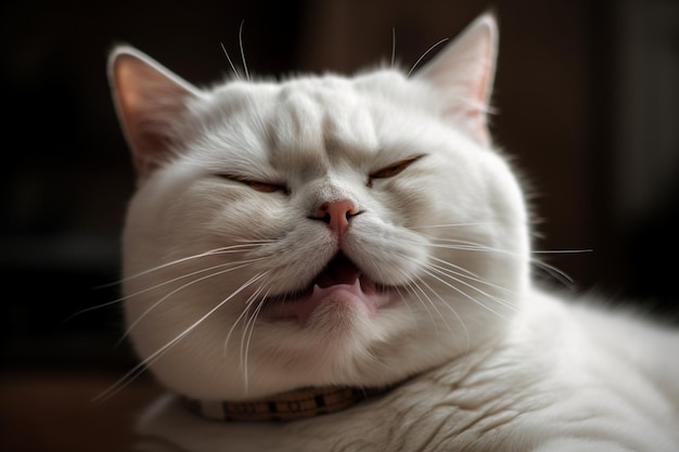 A white cat with whiskers is yawning and has a mouth open.