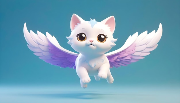 a white cat with wings flying to heaven