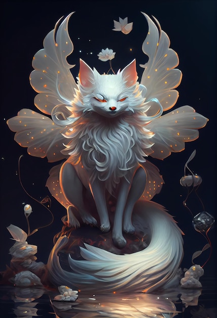 White cat with wings sitting on a rock generative ai