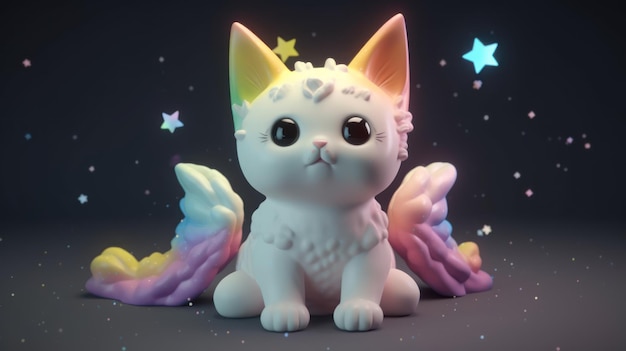 A white cat with wings and tail with a rainbow tail.