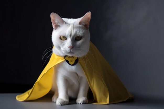 White cat with a yellow cape and a batman logo on it