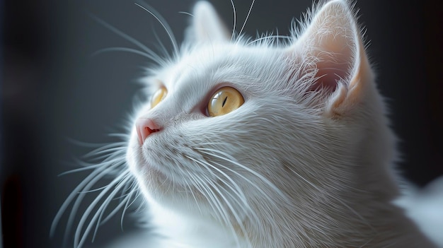 White cat with yellow eyes looking up