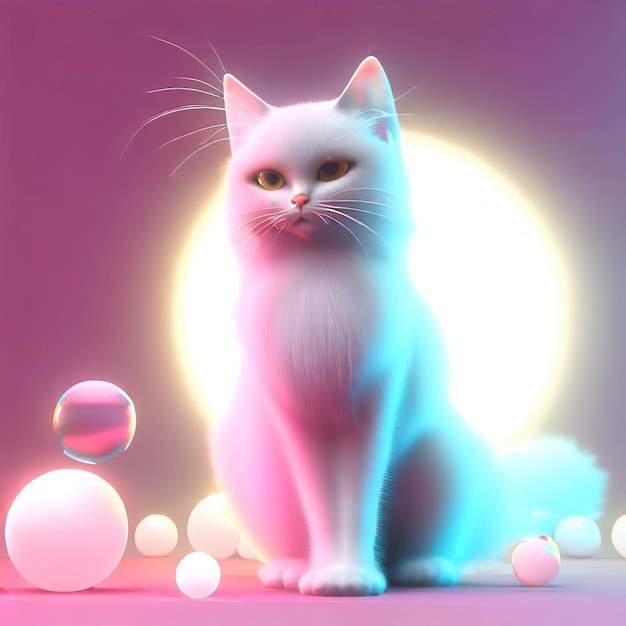 A white cat with yellow eyes sits in front of a pink background.