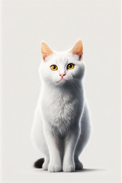Белый кот с желтыми глазами сидит на белом фоне.