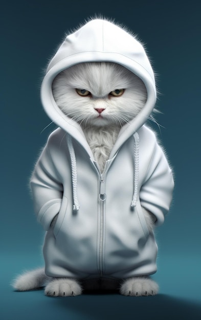 a white cat with yellow eyes and a white hoodie
