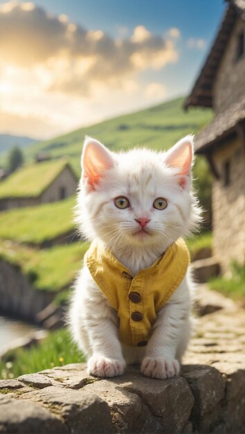 a white cat with a yellow shirt that says quot cat quot